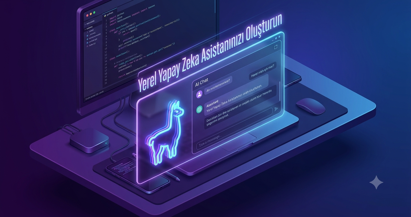 Modern bir çalışma masası üzerinde yerel yapay zeka asistanı arayüzü ve Python kodları.