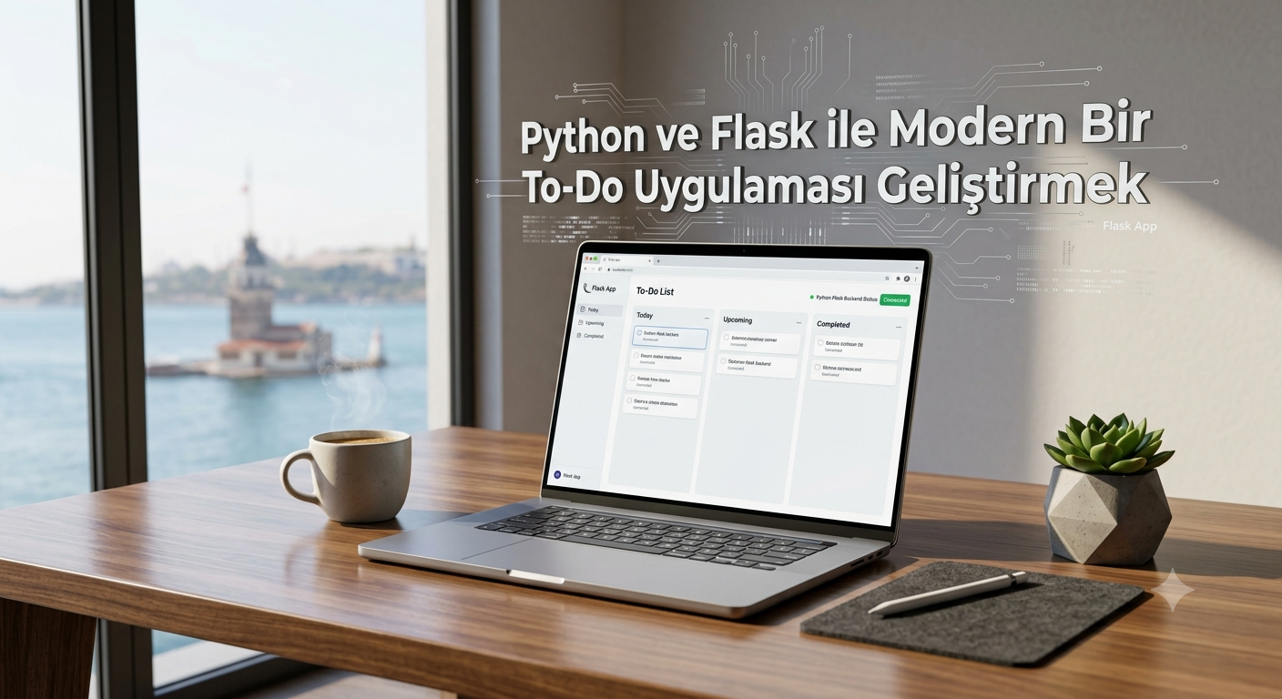 Modern bir çalışma masası üzerinde Python ve Flask ile geliştirilmiş To-Do uygulaması ekranı.