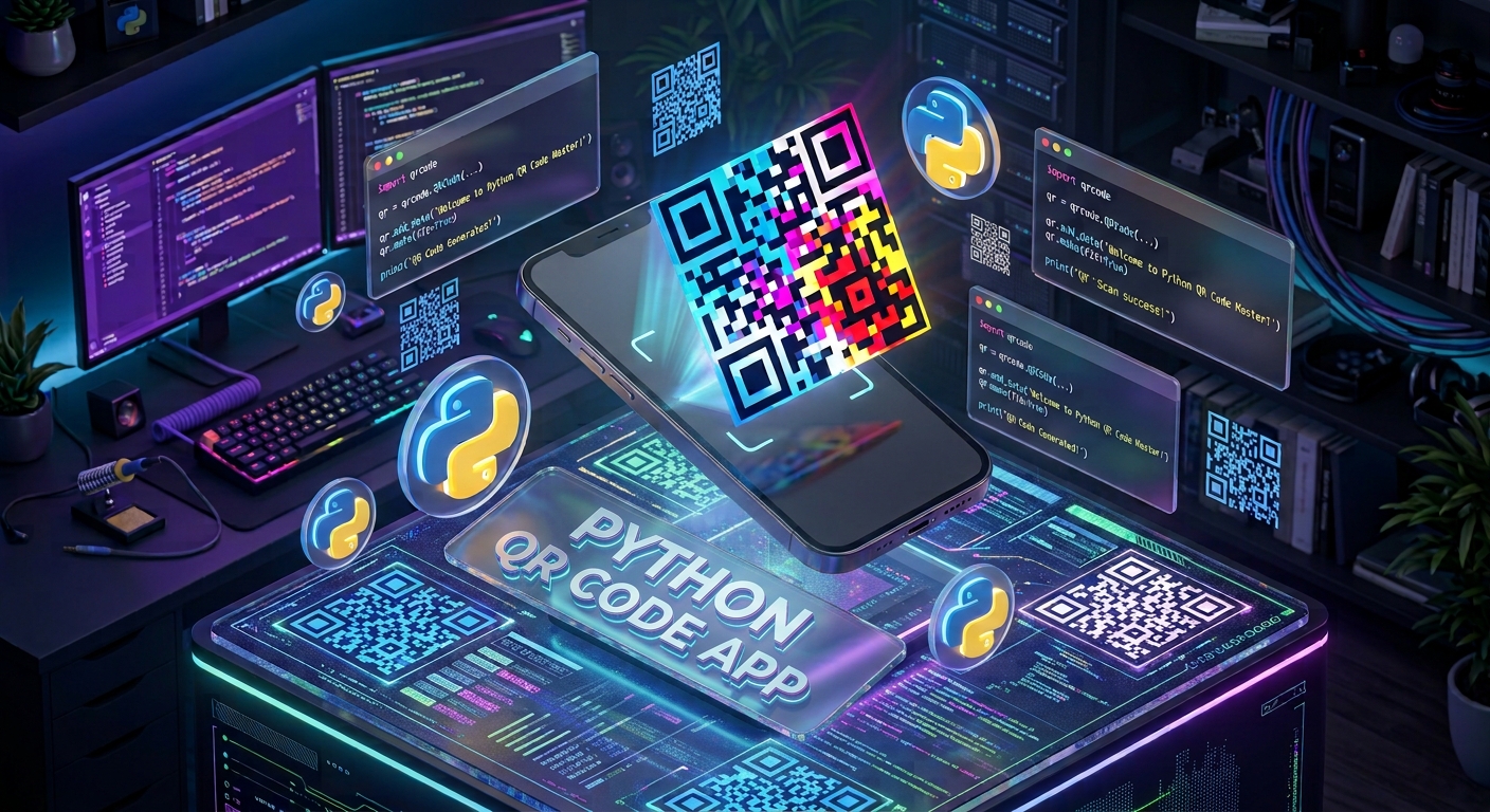 Python ile geliştirilmiş QR kod oluşturucu ve okuyucu uygulamasını temsil eden, başlığıyla birlikte modern ve teknolojik 3D illüstrasyon.
