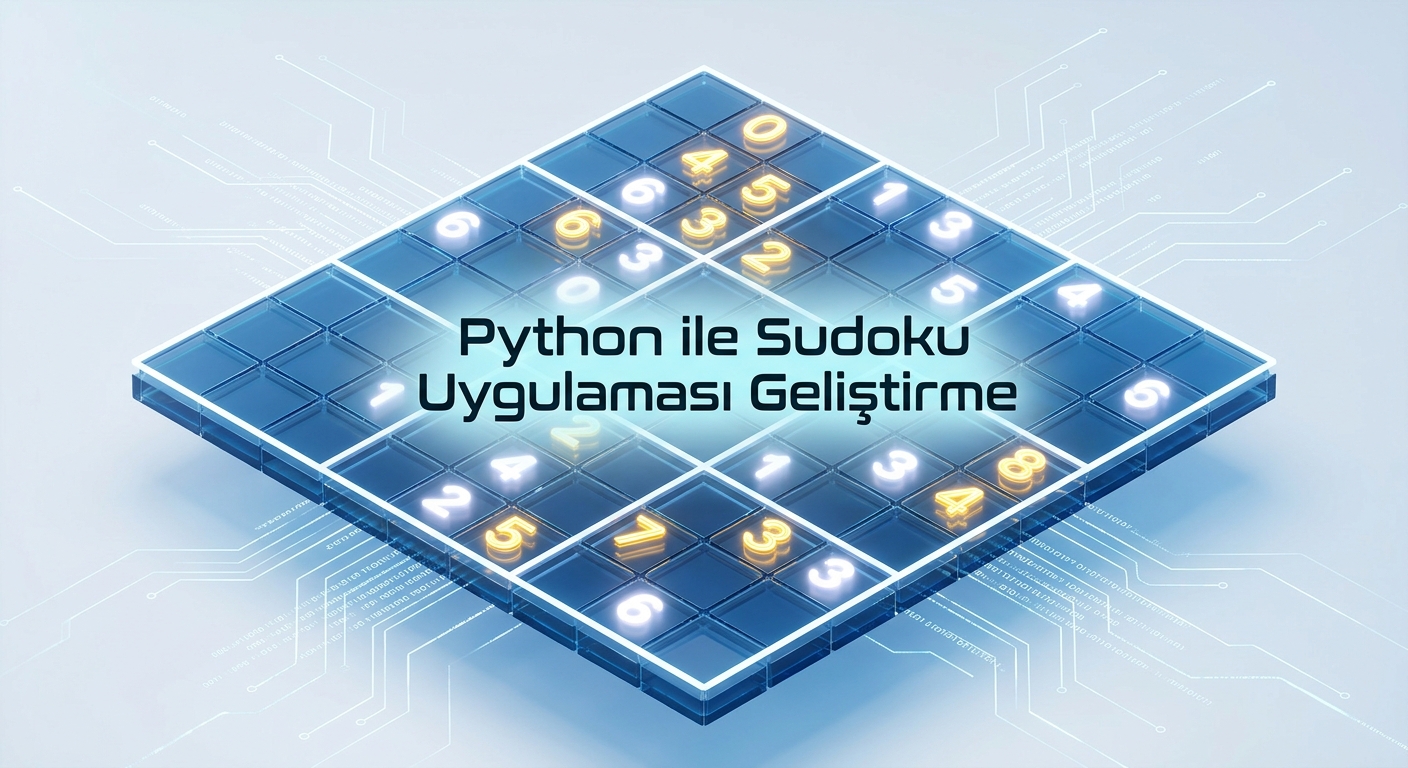 Python ile geliştirilen Sudoku uygulamasını temsil eden, neon ışıklı ve dijital ağlarla çevrili 3D Sudoku tahtası görseli.