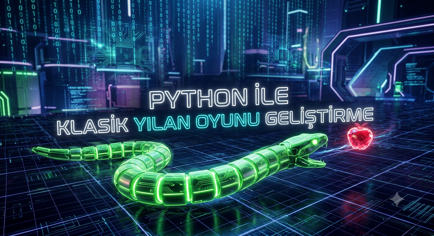 Python ile Yılan Oyunu geliştirme sürecini temsil eden neon yılan ve dijital ızgara görseli.