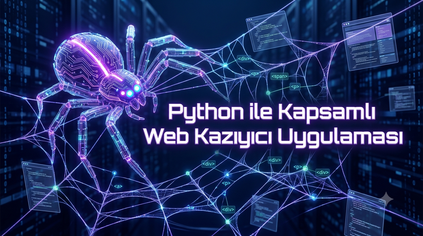 Python ile geliştirilmiş web kazıyıcı uygulamasını temsil eden fütüristik dijital örümcek ve veri ağları görseli.
