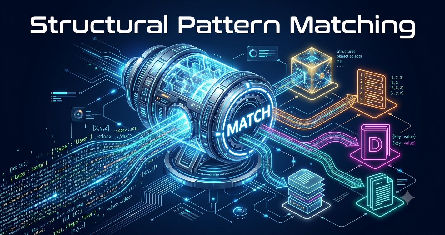 Isometric 3D visualization of Python's Structural Pattern Matching concept showing various data shapes being filtered by a central match-case engine.