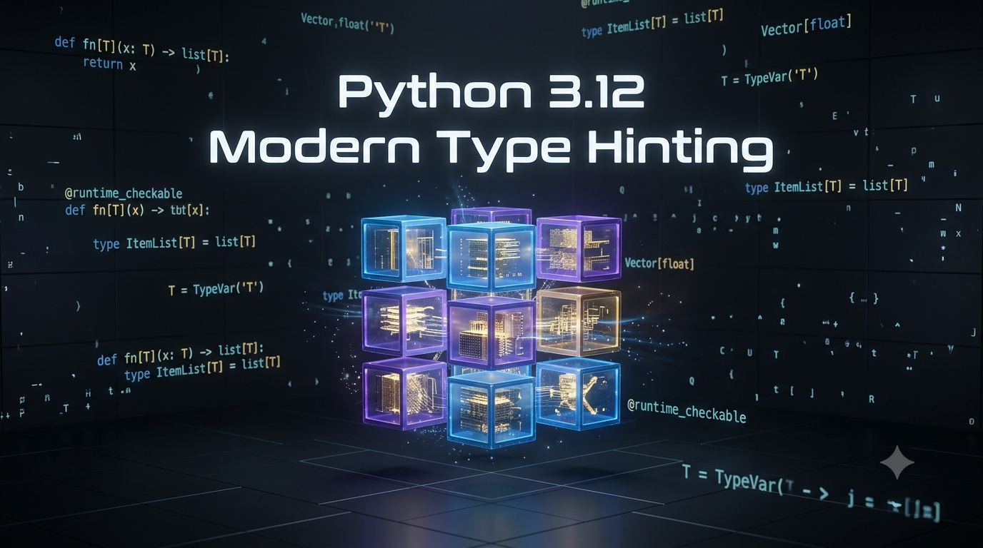 3D representation of Python 3.12's generic type system with glowing containers and data structures.