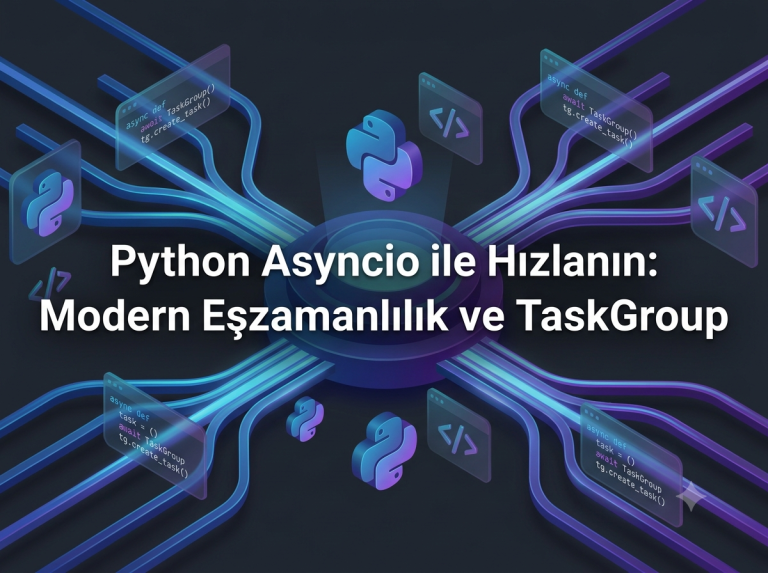Python Asyncio ve TaskGroup kullanımıyla asenkron programlama ve performans artışını simgeleyen dijital illüstrasyon.