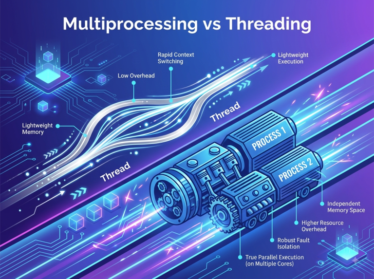 Python'da Multiprocessing ve Threading farklarını gösteren, dijital devre kartı üzerinde yarışan gümüş akış ve mavi motor illüstrasyonu.