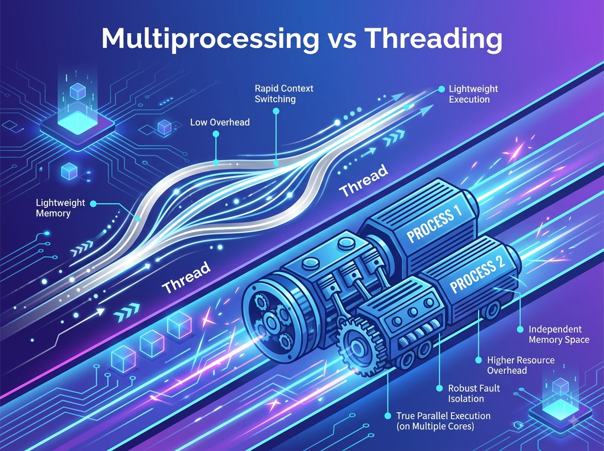Python'da Multiprocessing ve Threading farklarını gösteren, dijital devre kartı üzerinde yarışan gümüş akış ve mavi motor illüstrasyonu.