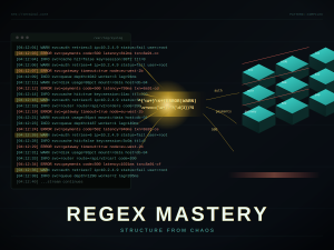 Sistem loglarının regex ile yapılandırılmış veriye dönüştürülmesini gösteren teknolojik illüstrasyon