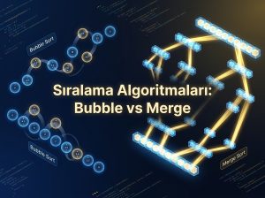 Bubble Sort ve Merge Sort algoritmalarının çalışma mantığını karşılaştıran soyut, 3D izometrik teknoloji görseli.