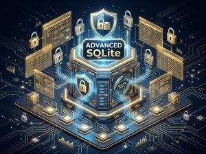 Güvenli SQLite veritabanı yönetimini temsil eden izometrik 3D teknoloji görseli.