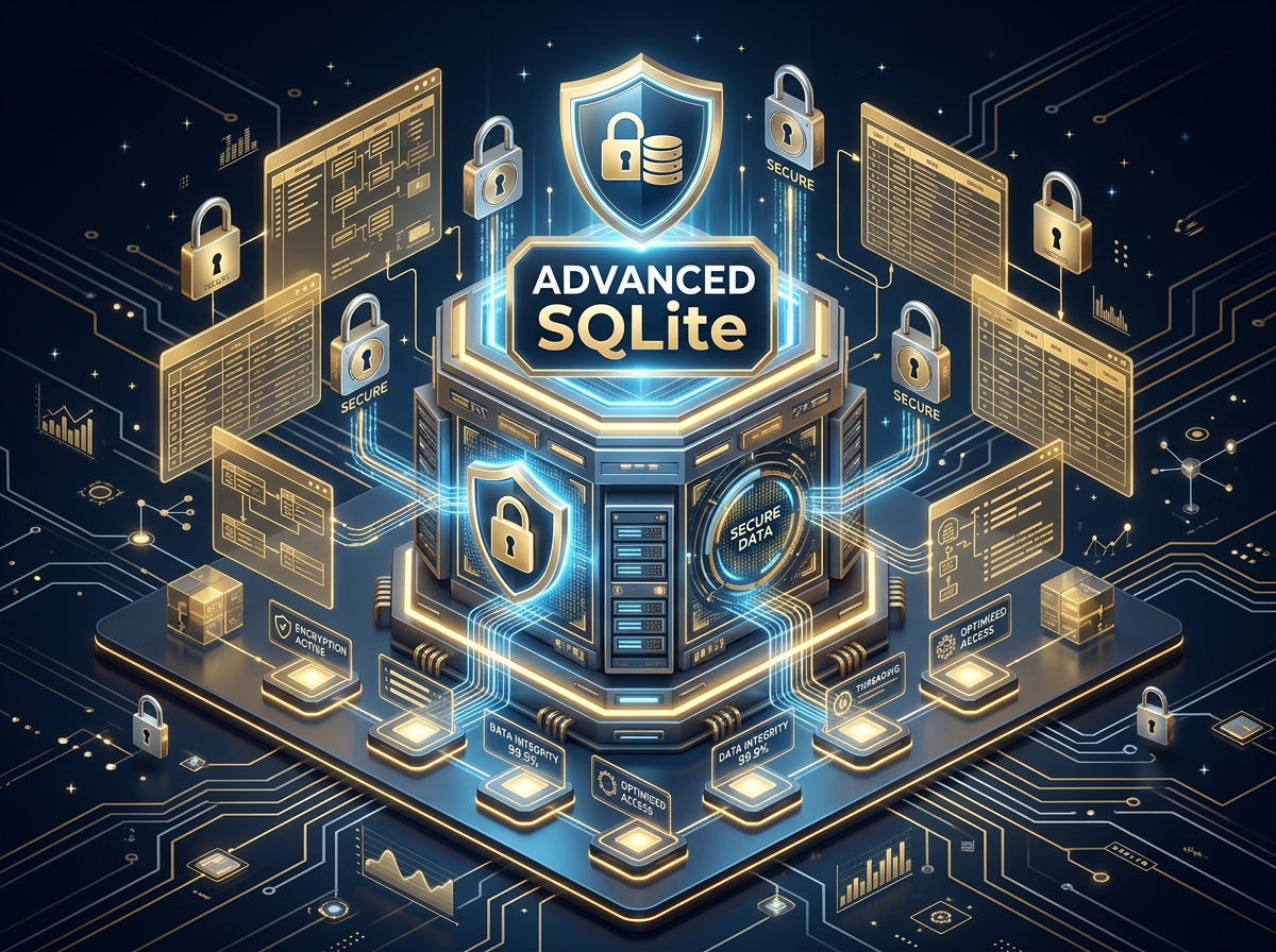 Güvenli SQLite veritabanı yönetimini temsil eden izometrik 3D teknoloji görseli.