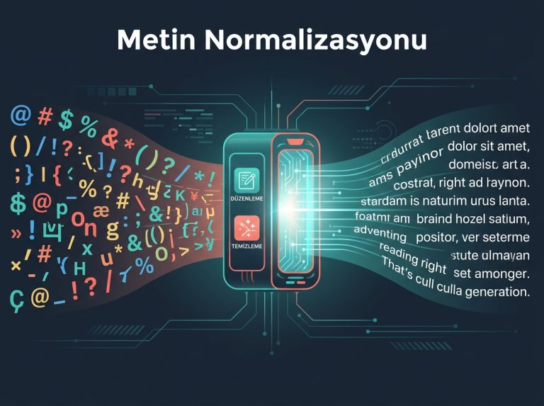 Kaotik karakterlerin bir dijital filtreden geçerek temiz ve düzenli metne dönüştüğünü gösteren modern teknoloji illüstrasyonu.