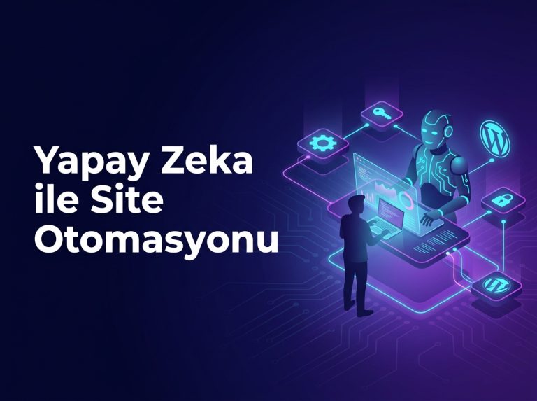 Yapay zeka destekli WordPress site otomasyonunu temsil eden, robot ve insan figürünün dijital panelde iş birliği yaptığı koyu mor-lacivert tonlu izometrik illüstrasyon