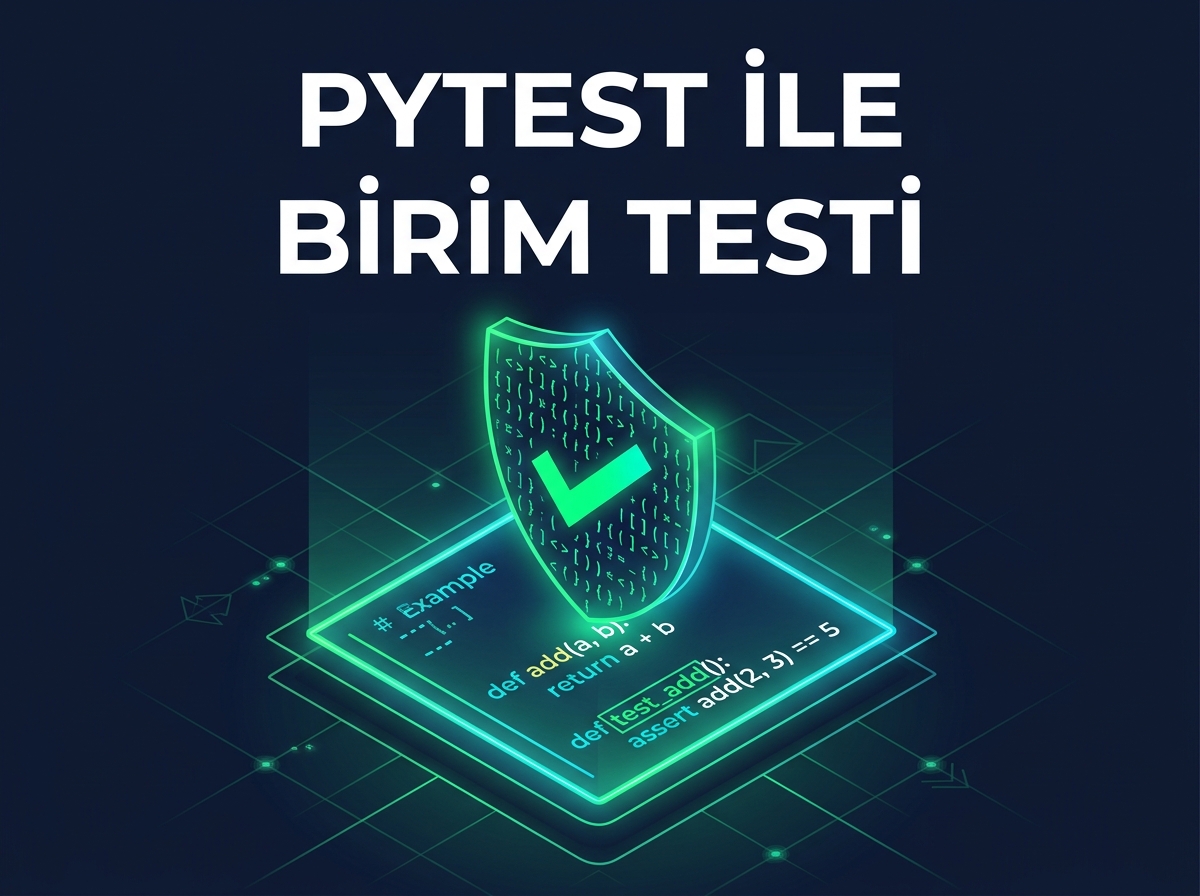 Python kodunu koruyan parlak bir kalkan ve yeşil onay işaretiyle simgelenen pytest birim testi kavramı