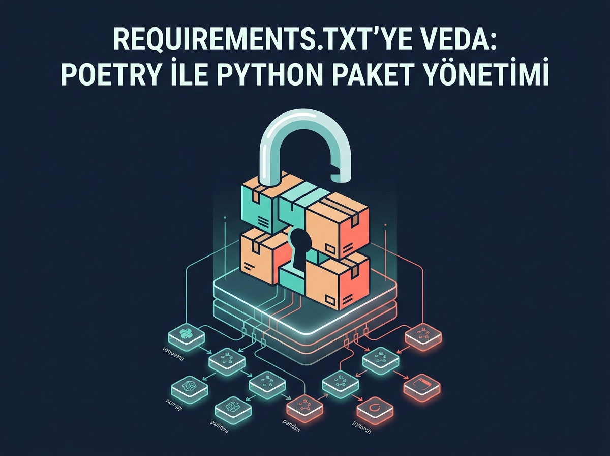 Poetry ile Python paket ve bağımlılık yönetimini simgeleyen, kilitli paket kutularından oluşan soyut bir illüstrasyon