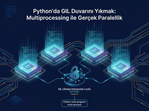 Dört CPU çekirdeğinin paralel çalıştığını gösteren, Python multiprocessing modülünü temsil eden izometrik teknoloji illüstrasyonu