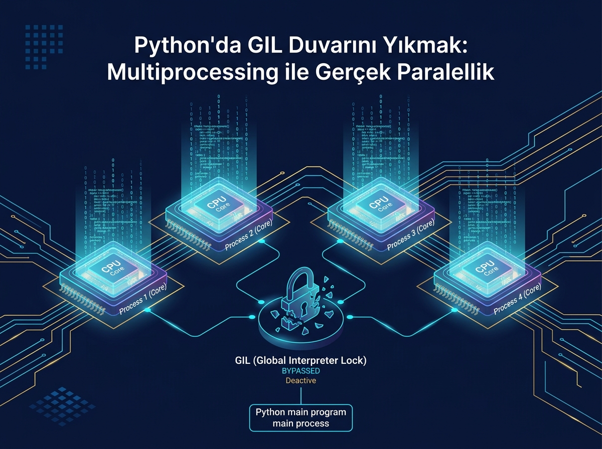 Dört CPU çekirdeğinin paralel çalıştığını gösteren, Python multiprocessing modülünü temsil eden izometrik teknoloji illüstrasyonu