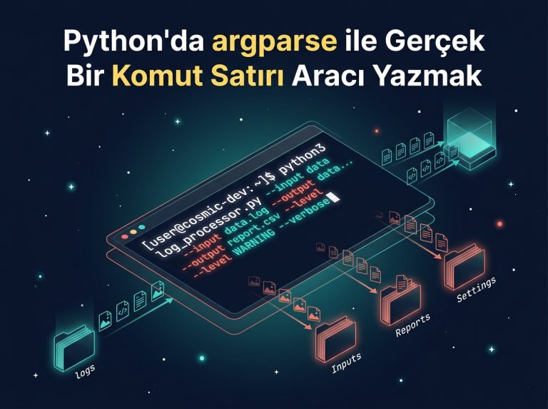 Python argparse modülüyle oluşturulan bir komut satırı aracının terminal ve dosya organizasyonu temalı görseli