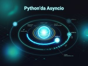 Python asyncio event loop etrafında dönen ve farklı sürelerde tamamlanan görevleri temsil eden soyut bir görselleştirme