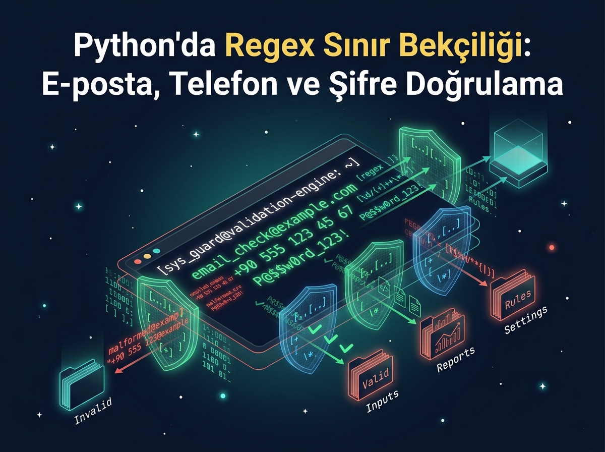 Python regex ile e-posta, telefon ve şifre doğrulamasını gösteren dijital güvenlik kapısı illüstrasyonu