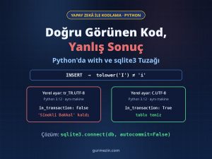 Doğru Görünen Kod, Yanlış Sonuç: aynı makinede Python 3.12 ile with conn bloğunun tr_TR.UTF-8 yerel ayarında rollback yapmadığını, C.UTF-8'de yaptığını gösteren karşılaştırma ve autocommit=False çözümü