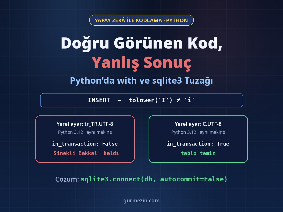 Doğru Görünen Kod, Yanlış Sonuç: aynı makinede Python 3.12 ile with conn bloğunun tr_TR.UTF-8 yerel ayarında rollback yapmadığını, C.UTF-8'de yaptığını gösteren karşılaştırma ve autocommit=False çözümü